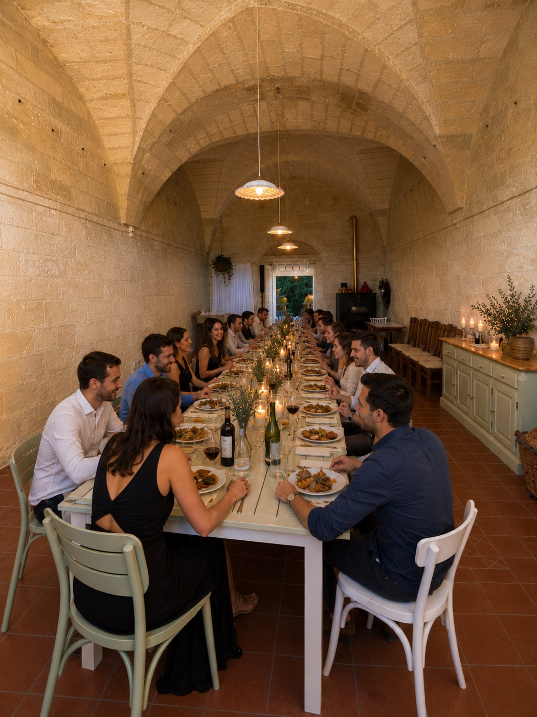 La sala a volta allestita per una cena o evento privato